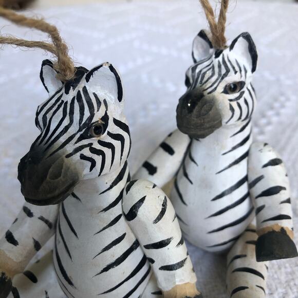 Vintage Wooden Zebra Ornaments Set Of 2 Jointed Hand-Painted 5.75" Folk Art 90s - Picture 2 of 11